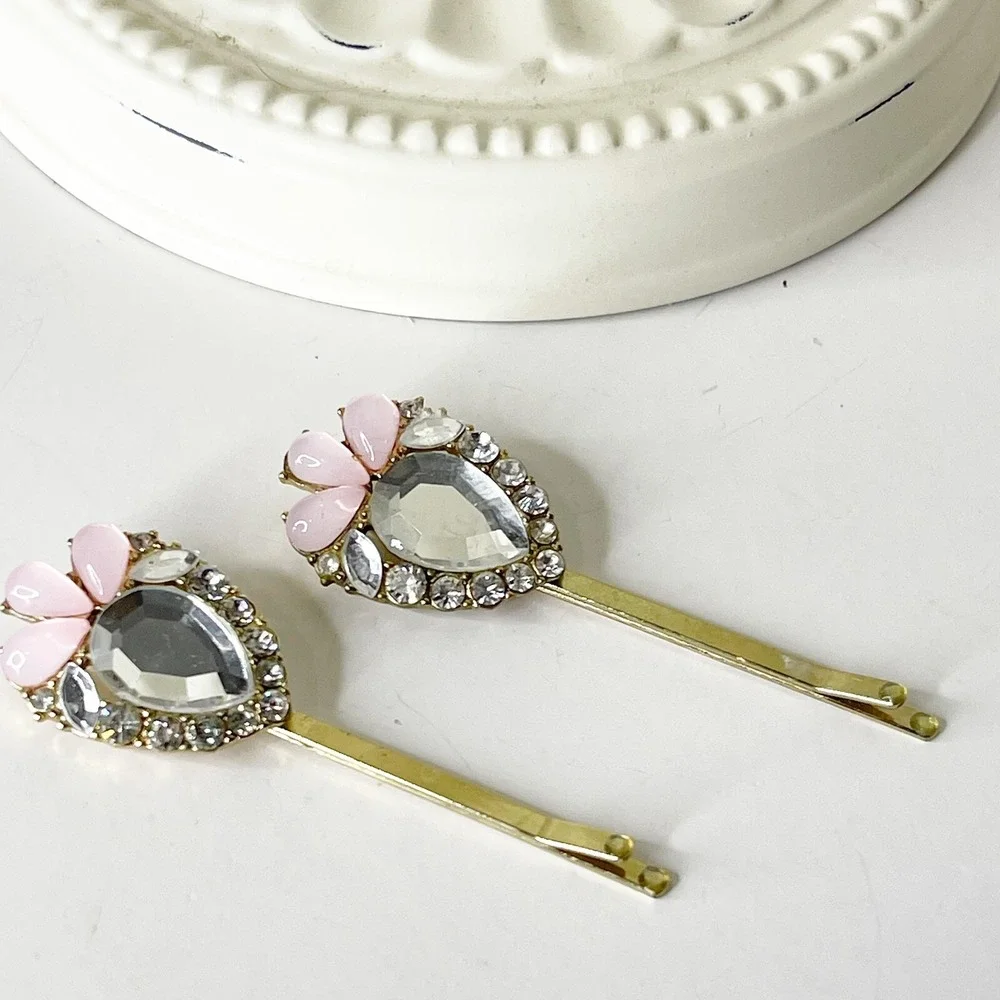 Vintage Y2K Large Rhinestone Bobby Pins Pink Bead Gold Metal Glam Coquette 90s